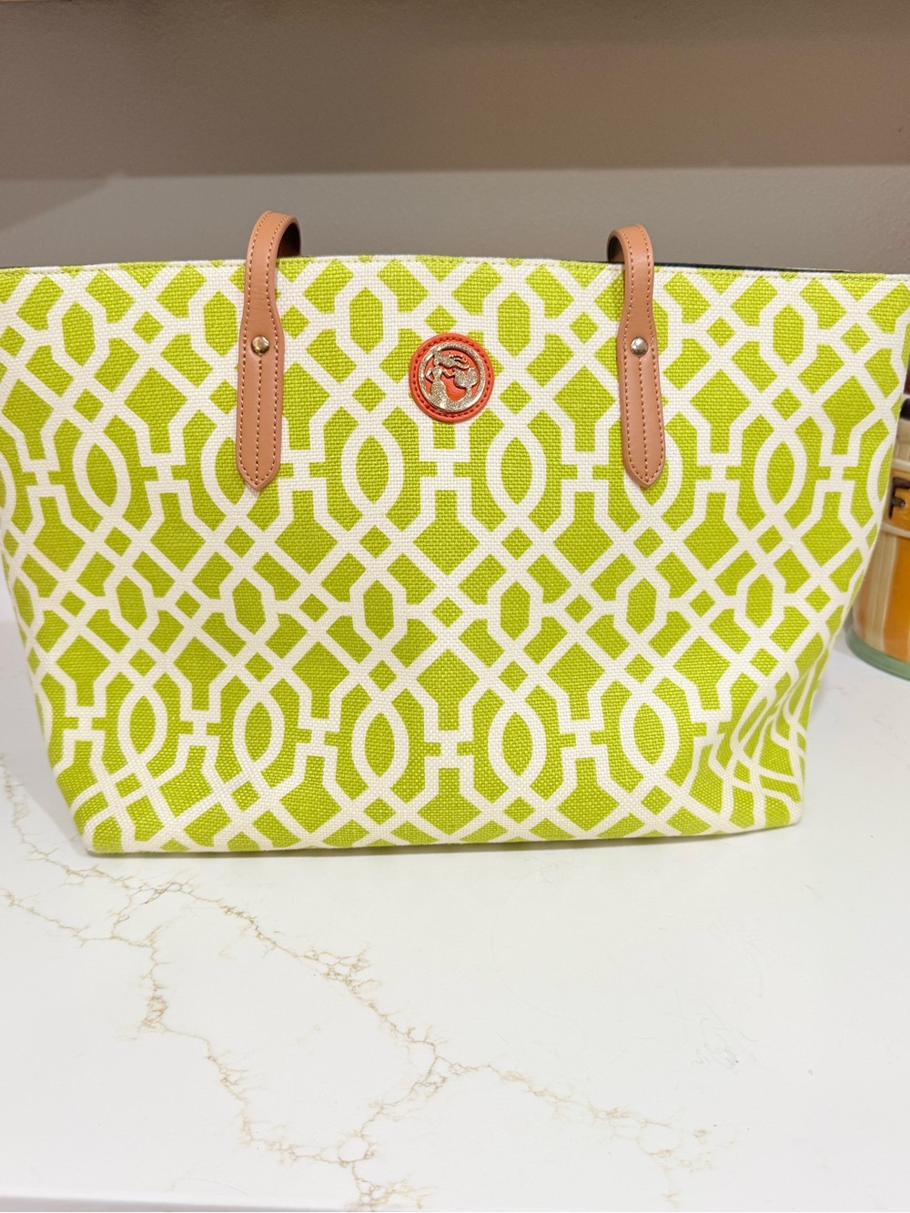 Spartina 449 Lime and White Geometric Canvas Tote with Tan Handles